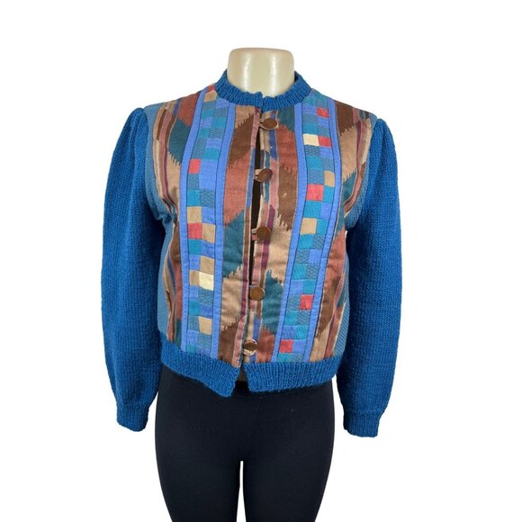 Vintage Button-Up Patchwork Cardigan Sweater With Textured Blue Sleeves Sz S/M - Picture 1 of 5